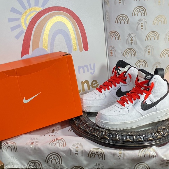 Air Force Ones Nike White and Black Athletic Shoes with Red Accents main image 11